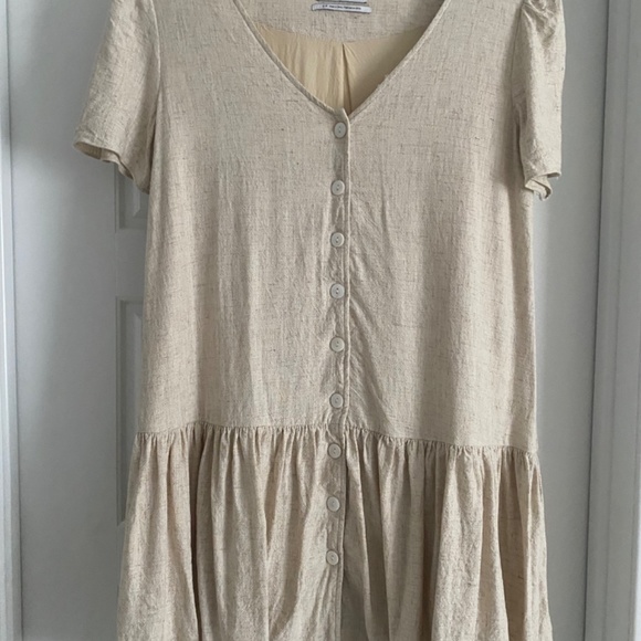 UO Houston Linen Button-Front Drop Waist Dress, Natural, Size Small - Picture 2 of 4